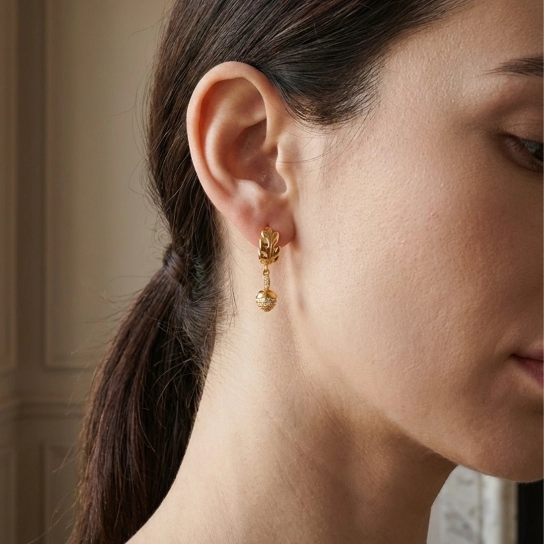 VV000000017-S-18K - Druantia’s Whisper Drop Hoops Earrings - Velora Vie